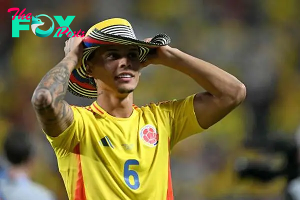 Colombia's midfielder #06 Richard Rios celebrates his team's victory in the Conmebol 2024 Copa America tournament semi-final football match between Uruguay and Colombia at Bank of America Stadium, in Charlotte, North Caroline on July 10, 2024. (Photo by Chandan Khanna / AFP)