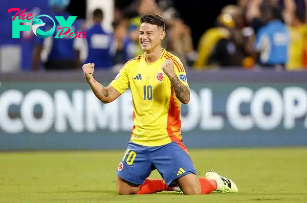 Charlotte (United States), 11/07/2024.- Colombia's James Rodriguez reacts to defeating Uruguay in the CONMEBOL Copa America 2024 semi-finals match between Uruguay and Colombia at Bank of America stadium in Charlotte, North Carolina, USA, 10 July 2024. EFE/EPA/ERIK S. LESSER
