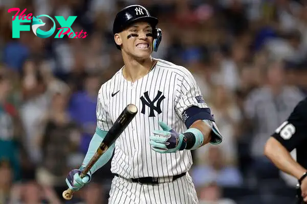 NEW YORK, NEW YORK - JULY 07: Aaron Judge #99 of the New York Yankees reacts after striking out during the seventh inning against the Boston Red Sox at Yankee Stadium on July 7, 2024 in New York City.   Adam Hunger/Getty Images/AFP (Photo by Adam Hunger / GETTY IMAGES NORTH AMERICA / Getty Images via AFP)