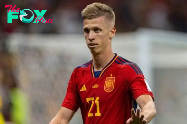 DOHA, QATAR - Sunday, November 27, 2022: Spain's Dani Olmo during the FIFA World Cup Qatar 2022 Group E match between Spain and Germany at the Al Bayt Stadium. The game ended in a 1-1 draw. (Pic by David Rawcliffe/Propaganda)