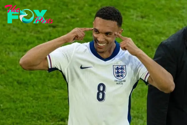 DÜSSELDORF, GERMANY - Saturday, July 6, 2024: England's Trent Alexander-Arnold celebrates after scoring the winning fifth penalty of the shoot-out during the UEFA Euro 2024 Quarter-Final match between England and Switzerland at the Düsseldorf Arena. The game ended 1-1 after extra-time, England won 5-3 on penalties. (Photo by David Rawcliffe/Propaganda)