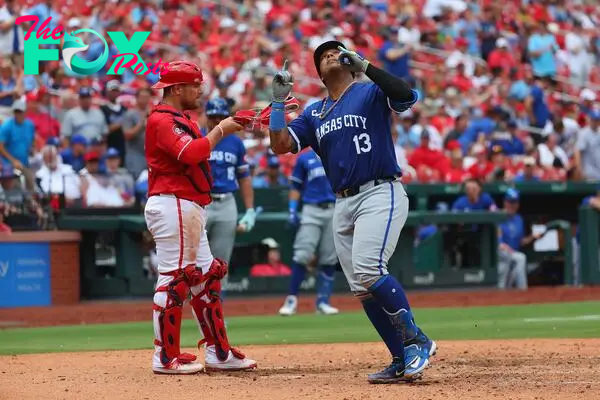 ST LOUIS, MISSOURI - JULY 10: Salvador Perez #13 of the Kansas City Royals celebrates after hitting a home run against the St. Louis Cardinals in the sixth inning during game one of a doubleheader at Busch Stadium on July 10, 2024 in St Louis, Missouri.   Dilip Vishwanat/Getty Images/AFP (Photo by Dilip Vishwanat / GETTY IMAGES NORTH AMERICA / Getty Images via AFP)