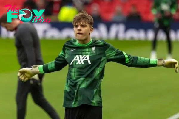 MANCHESTER, ENGLAND - Sunday, April 7, 2024: Liverpool's goalkeeper Kornel Misciur during the pre-match warm-up before the FA Premier League match between Manchester United FC and Liverpool FC at Old Trafford. The game ended in a 2-2 draw. (Photo by David Rawcliffe/Propaganda)