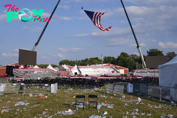 A campaign rally site for Republican presidential candidate former President Donald Trump is empty and littered with debris.