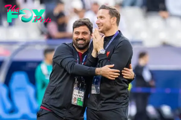 PARIS, FRANCE - Saturday, May 28, 2022: Liverpool's elite development coach Vitor Matos (L) and first-team development coach Pepijn Lijnders before the UEFA Champions League Final game between Liverpool FC and Real Madrid CF at the Stade de France. (Photo by David Rawcliffe/Propaganda)