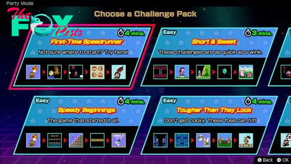 A screenshot of the menu of Challenge Packs available in Party Mode from Nintendo World Championships: NES Edition.