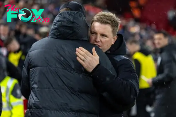 LIVERPOOL, ENGLAND - Monday, January 1, 2024: Newcastle United's manager Eddie Howe (R) and Liverpool's manager Jürgen Klopp during the FA Premier League match between Liverpool FC and Newcastle United FC on New Year's Day at Anfield. Liverpool won 4-2. (Photo by David Rawcliffe/Propaganda)