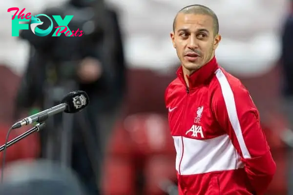 LIVERPOOL, ENGLAND - Sunday, January 17, 2021: Liverpool's Thiago Alcantara is interviewed by LFC.TV after the FA Premier League match between Liverpool FC and Manchester United FC at Anfield. The game ended in a 0-0 draw. (Pic by David Rawcliffe/Propaganda)