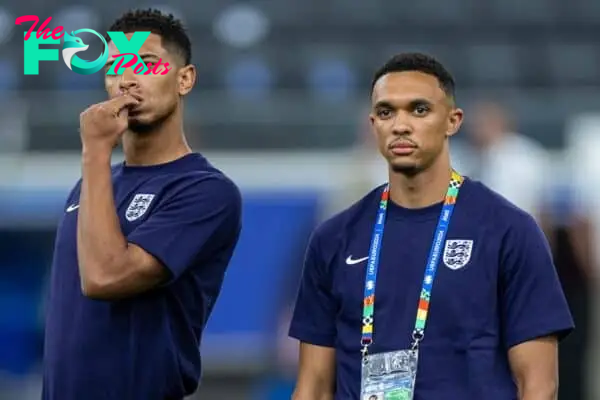 FRANKFURT, GERMANY - Thursday, June 20, 2024: England's Jude Bellingham (L) and Trent Alexander-Arnold (R) on the pitch before the UEFA Euro 2024 Group C match between Denmark and England at the Waldstadion. The game ended in a 1-1 draw. (Photo by David Rawcliffe/Propaganda)