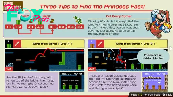 A tips guide on how to “find the princess fast” in Super Mario Bros., stylized like a guide page from Nintendo Power magazine, from Nintendo World Championships: NES Edition
