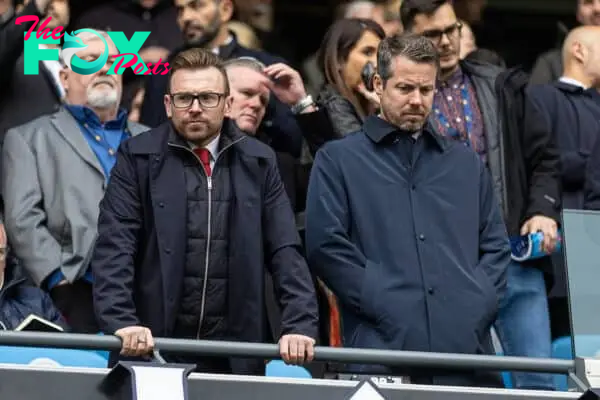 MANCHESTER, ENGLAND - Saturday, April 1, 2023: Liverpool's Sporting Director Julian Ward (L) and Chief Executive Officer Billy Hogan (R) during the FA Premier League match between Manchester City FC and Liverpool FC at the City of Manchester Stadium. (Pic by David Rawcliffe/Propaganda)