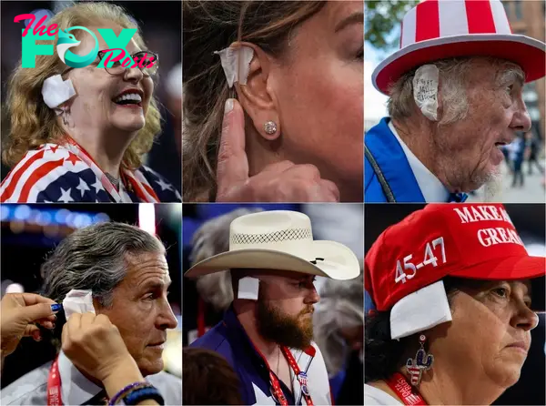 Collage of attendees with bandaged ears at the Republican National Convention.