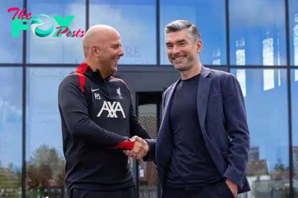 KIRKBY, ENGLAND - Friday, July 5, 2024: Liverpool's new head coach Arne Slot (L) and Sporting Director Richard Hughes (R) are presented at a photo call at the club's AXA Training Centre. (Photo by David Rawcliffe/Propaganda)