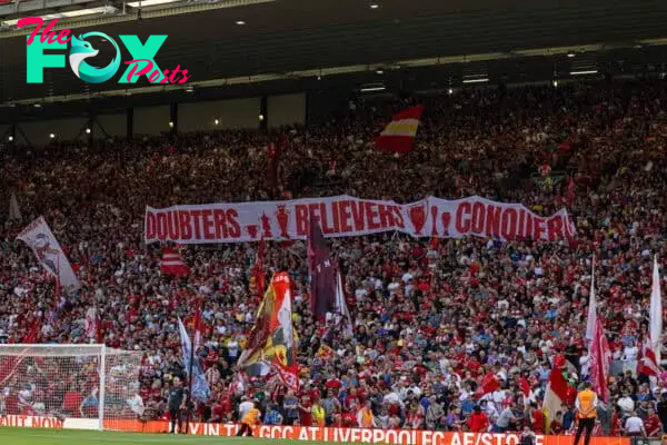 LIVERPOOL, ENGLAND - Saturday, May 18, 2024: Liverpool supporters on the Spion Kop during the FA Premier League match between Liverpool FC and Wolverhampton Wanderers FC at Anfield. (Photo by David Rawcliffe/Propaganda)