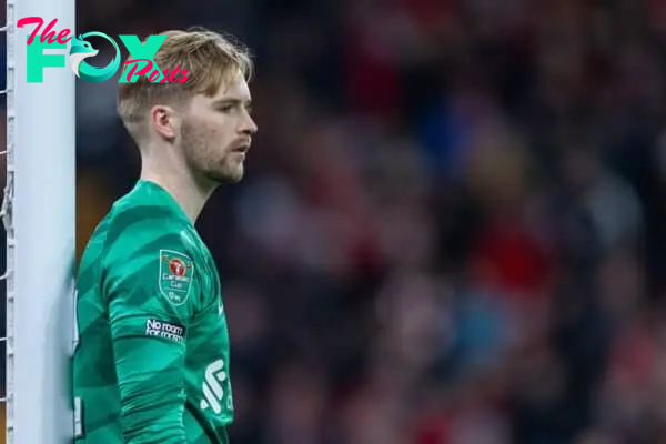 LIVERPOOL, ENGLAND - Wednesday, January 10, 2024: Liverpool's goalkeeper Caoimhin Kelleher during the Football League Cup Semi-Final 1st Leg match between Liverpool FC and Fulham FC at Anfield. Liverpool won 2-1. (Photo by David Rawcliffe/Propaganda)