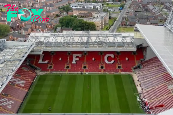 LIVERPOOL, ENGLAND - Wednesday, July 17, 2024: An aerial view of Anfield, the home stadium of Liverpool Football Club, showing the newly relaid pitch following a series of summer music concerts held at the stadium. (Photo by David Rawcliffe/Propaganda)