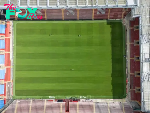 LIVERPOOL, ENGLAND - Wednesday, July 17, 2024: An aerial view of Anfield, the home stadium of Liverpool Football Club, showing the newly relaid pitch following a series of summer music concerts held at the stadium. (Photo by David Rawcliffe/Propaganda)