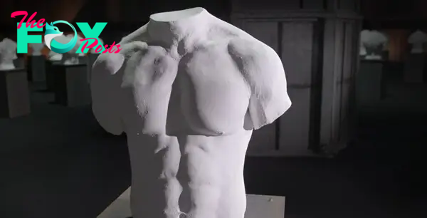 A sculpture of a contestant’s torso on Physical 100 season 2