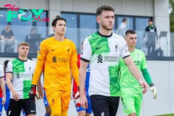 LONDON, ENGLAND - Sunday, October 1, 2023: Liverpool's captain Tom Hill leads his side out before the Premier League 2 Division 1 match between Crystal Palace’s Under-21’s and Liverpool FC Under-21's at the Crystal Palace Training Ground. (Pic by David Rawcliffe/Propaganda)