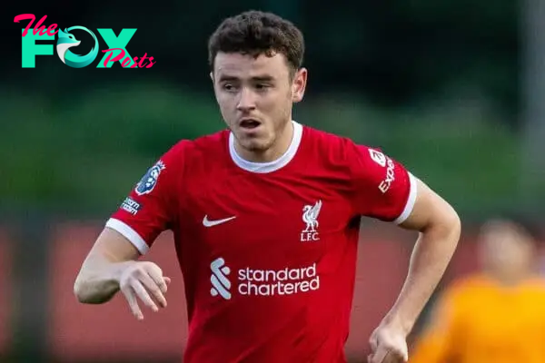 LIVERPOOL, ENGLAND - Monday, August 14, 2023: Liverpool's Tom Hill during the Premier League 2 Division 1 match between Liverpool FC Under-21's and Everton FC Under-21's, the Mini-Merseyside Derby, at the Liverpool Academy. (Pic by Jessica Hornby/Propaganda)