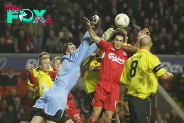 LIVERPOOL, ENGLAND - TUESDAY JANUARY 11th 2005: Liverpool's Luis Garcia and Watford's goalkeeper Paul Jones during the League Cup Semi-Final 1st Leg at Anfield. (Pic by David Rawcliffe/Propaganda)