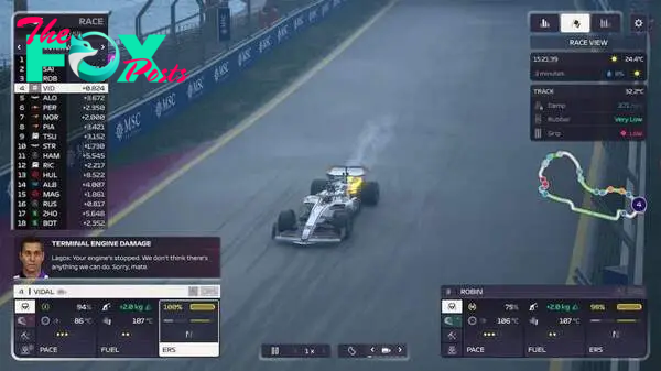 A driver experiencing a mechanical failure during a race in F1 Manager 24