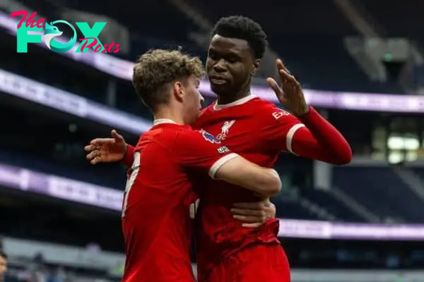 LONDON, ENGLAND - Sunday, May 12, 2024: Liverpool's Lewis Koumas (L) celebrates with team-mate Amara Nallo after scoring the opening goal during the Premier League 2 Quarter-Final Play-Off match between Tottenham Hotspur FC Under-21's and Liverpool FC Under-21's at the Tottenham Hotspur Stadium. The game ended 3-3 after extra-time, Tottenham won 5-4 on penalties. (Photo by David Rawcliffe/Propaganda)