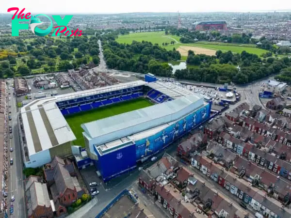 LIVERPOOL, ENGLAND - Tuesday, August 9, 2022: An aerial view of Goodison Park, the home stadium of Everton Football Club, with Anfield, home of Liverpool FC seen across Stanley Park. (Pic by David Rawcliffe/Propaganda)