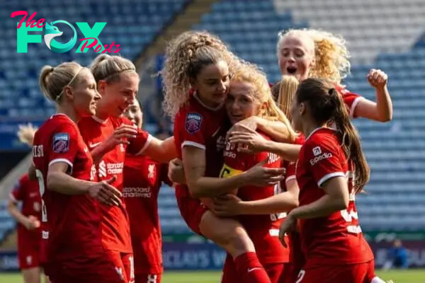 LEICESTER, ENGLAND - Saturday, May 18, 2024: Liverpool's Leanne Kiernan celebrates with team-mate Ceri Holland after scoring her side's second goal during the final FA Women’s Super League game of the season between Leicester City FC Women and Liverpool FC Women at the King Power Stadium. Liverpool won 4-0. (Photo by David Rawcliffe/Propaganda)