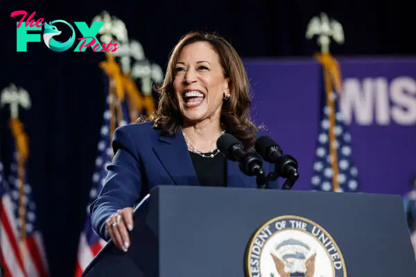 U.S. Vice President and Democratic Presidential candidate Kamala Harris speaks at West Allis Central High School during her first campaign rally in Milwaukee, Wisconsin, on July 23, 2024.