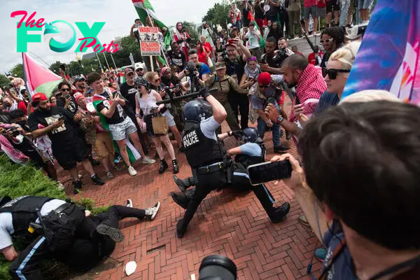 Pro-Palestinian protesters and police clash at Union Station in Washington, D.C., on July 24 during a protest against Israeli Prime Minister Benjamin Netanyahu's visit to the U.S.