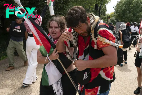 Demonstrators react after being exposed to a chemical irritant as they protest the visit of Israeli Prime Minister Benjamin Netanyahu on Capitol Hill in Washington on July 24, 2024.