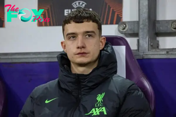 BRUSSELS, BELGIUM - Thursday, December 14, 2023: Liverpool's substitute goalkeeper Fabian Mrozek on the bench before the UEFA Europa League Group E match-day 6 game between Royale Union Saint-Gilloise and Liverpool FC at the Constant Vanden Stock Stadium. Union SG won 2-1. (Photo by David Rawcliffe/Propaganda)
