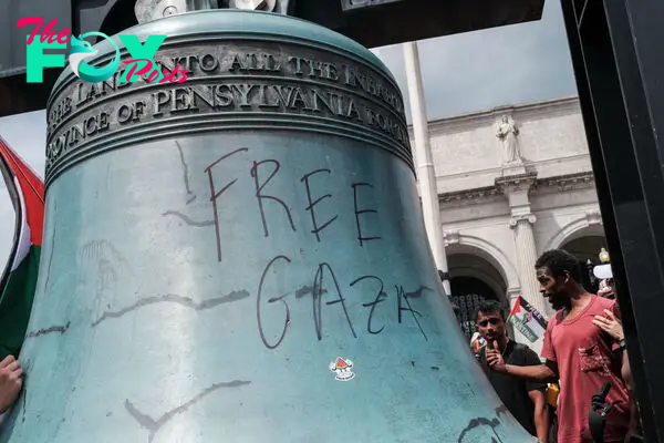 Demonstrators defaced the bell outside Union Station in protest of Israeli Prime Minister Benjamin Netanyahu's visit to the U.S. amid Israel's ongoing war against Hamas in Gaza on Capitol Hill on July 24, 2024, in Washington, D.C.