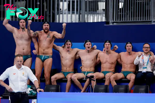 Team of Hungary celebrates during the Men's Water Polo match between Montenegro and Hungary on day sixteen of the Doha 2024 World Aquatics Championships at in Doha, Qatar on Feb. 17, 2024.