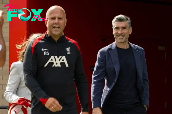 KIRKBY, ENGLAND - Friday, July 5, 2024: Liverpool's new head coach Arne Slot (L) and Sporting Director Richard Hughes are presented at a photo call at the club's AXA Training Centre. (Photo by David Rawcliffe/Propaganda)