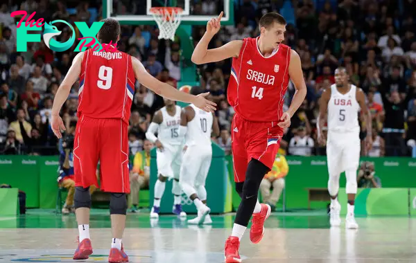 Serbia’s Nikola Jokic celebrates during a men’s basketball game against the United States at the 2016 Summer Olympics in Rio de Janeiro, on Aug. 12, 2016.