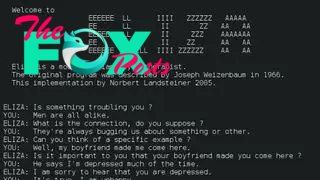 An image of the screen of the ELIZA program. It shows a chat between ELIZA. and a user.