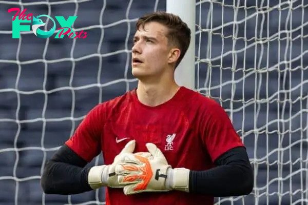 LONDON, ENGLAND - Sunday, May 12, 2024: Liverpool's goalkeeper Fabian Mrozek during the pre-match warm-up before the Premier League 2 Quarter-Final Play-Off match between Tottenham Hotspur FC Under-21's and Liverpool FC Under-21's at the Tottenham Hotspur Stadium. The game ended 3-3 after extra-time, Tottenham won 5-4 on penalties. (Photo by David Rawcliffe/Propaganda)