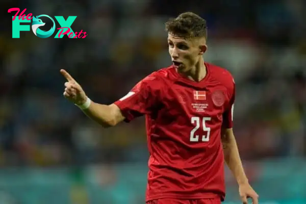 2M9MH0R Denmark's Jesper Lindstrom gestures during the World Cup group D soccer match between Australia and Denmark, at the Al Janoub Stadium in Al Wakrah, Qatar, Wednesday, Nov. 30, 2022. (AP Photo/Francisco Seco)