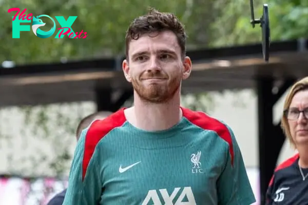PITTSBURGH - Tuesday, July 23, 2024: Liverpool's Andy Robertson arrives at the team hotel after the team's second training session of the day on day one of the club's pre-season tour of the USA. (Photo by David Rawcliffe/Propaganda)