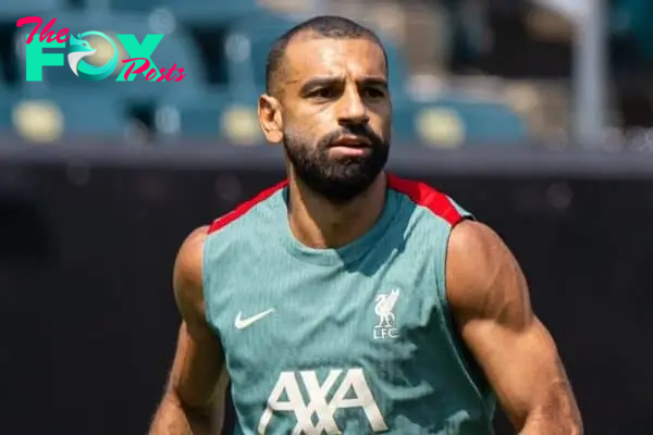 PHILADELPHIA - Sunday, July 28, 2024: Liverpool's Mohamed Salah during an open training session at Lincoln Financial Field on day five of the club's pre-season tour of the USA. (Photo by David Rawcliffe/Propaganda)