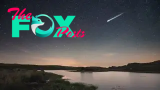 A single bright meteor streaks over a pond at night