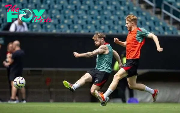 PHILADELPHIA - Sunday, July 28, 2024: Liverpool's Harvey Elliott (L) and Luca Stephenson during an open training session at Lincoln Financial Field on day five of the club's pre-season tour of the USA. (Photo by David Rawcliffe/Propaganda)