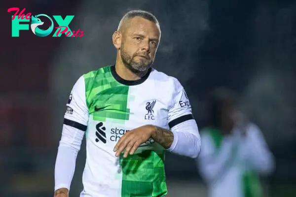 LEYLAND, ENGLAND - Tuesday, November 28, 2023: Liverpool's Jay Spearing during the Lancashire Senior Cup 1st Round match between Burnley FC Under-21's and Liverpool FC Under-21's at the County Ground. Burnley won 3-1. (Photo by David Rawcliffe/Propaganda)