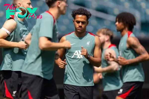 PHILADELPHIA - Sunday, July 28, 2024: Liverpool's Fábio Carvalho during an open training session at Lincoln Financial Field on day five of the club's pre-season tour of the USA. (Photo by David Rawcliffe/Propaganda)