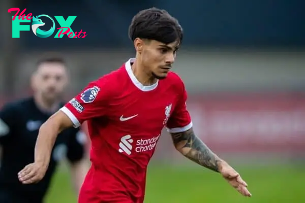 LIVERPOOL, ENGLAND - Monday, August 14, 2023: Liverpool's Oakley Cannonier during the Premier League 2 Division 1 match between Liverpool FC Under-21's and Everton FC Under-21's, the Mini-Merseyside Derby, at the Liverpool Academy. (Pic by Jessica Hornby/Propaganda)