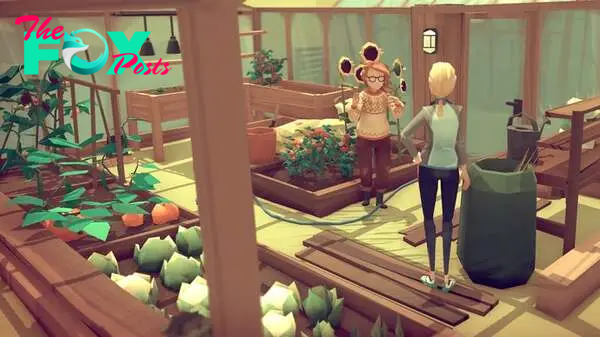 Two characters stand chatting in a greenhouse in Closer the Distance.