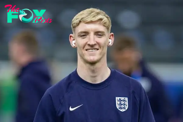 FRANKFURT, GERMANY - Thursday, June 20, 2024: England's Anthony Gordon on the pitch before the UEFA Euro 2024 Group C match between Denmark and England at the Waldstadion. The game ended in a 1-1 draw. (Photo by David Rawcliffe/Propaganda)