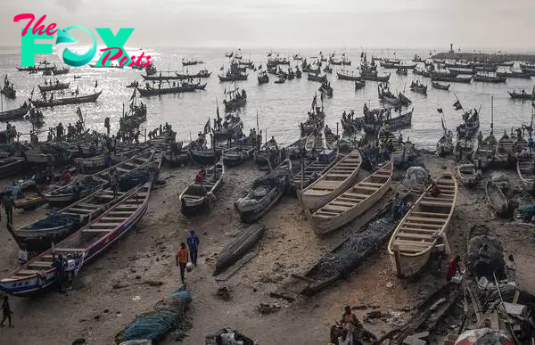 Fishing boats on the shore at Jamestown Harbor in Accra, Ghana